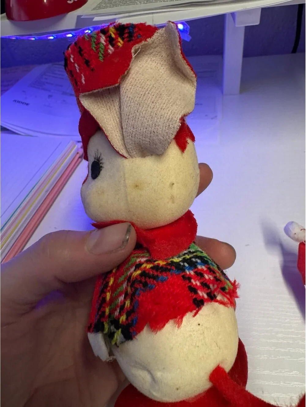 Vintage Flocked Mouse Christmas Plaid Kitschy